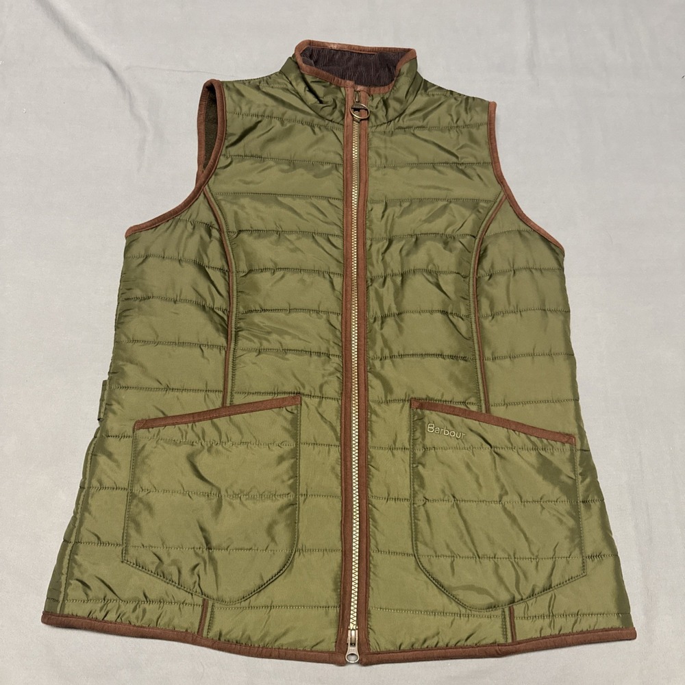 Women's Barbour Olive Green Vest Piped In Brown US Size 12 Polarquilt Gilet